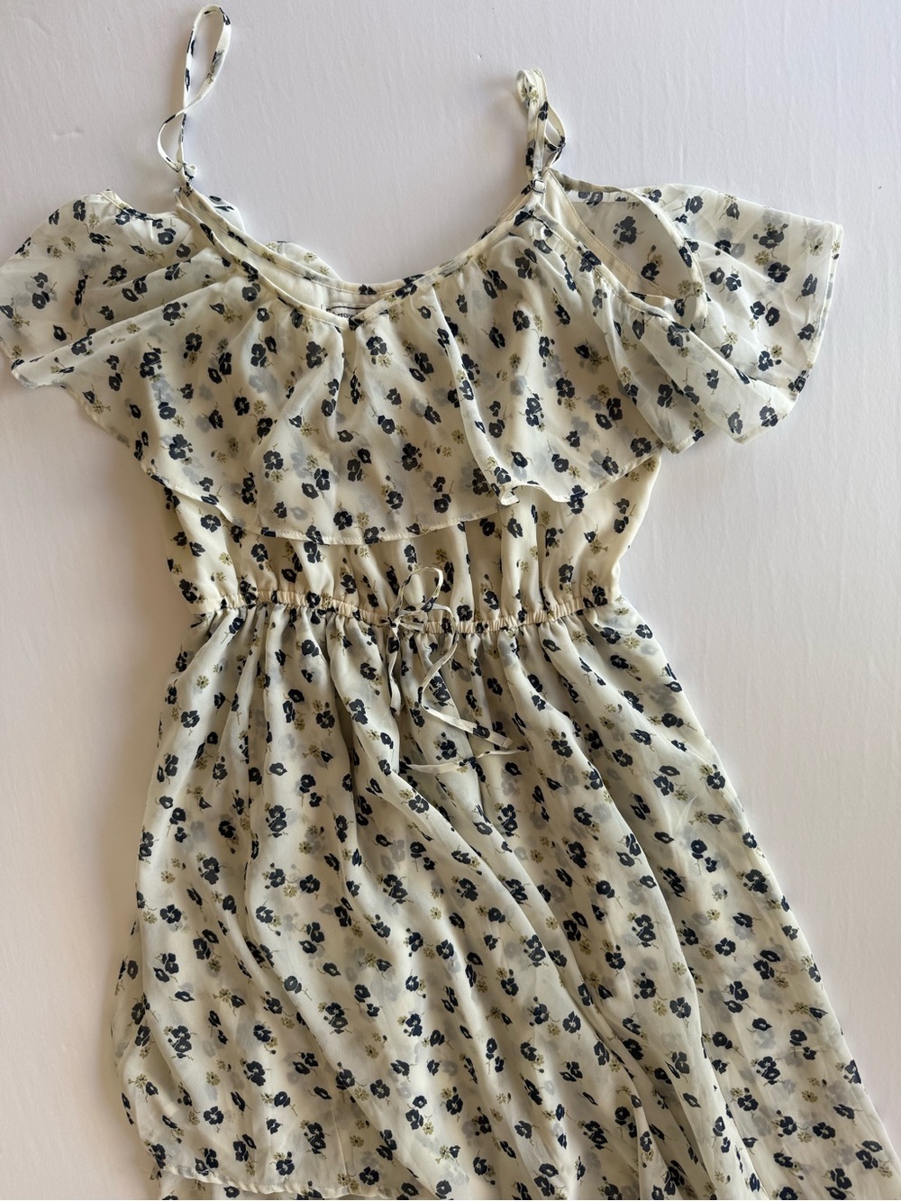 Abercrombie Floral Chiffon Maxi Dress Ruffle Cottagecore Coquette Cream Navy L - Picture 8 of 13